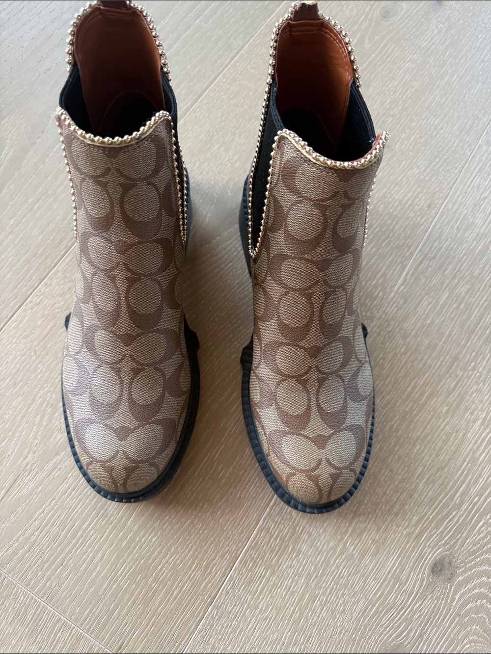 Coach Tan/Brown Signature Canvas Chelsea Booties with Gold Trim